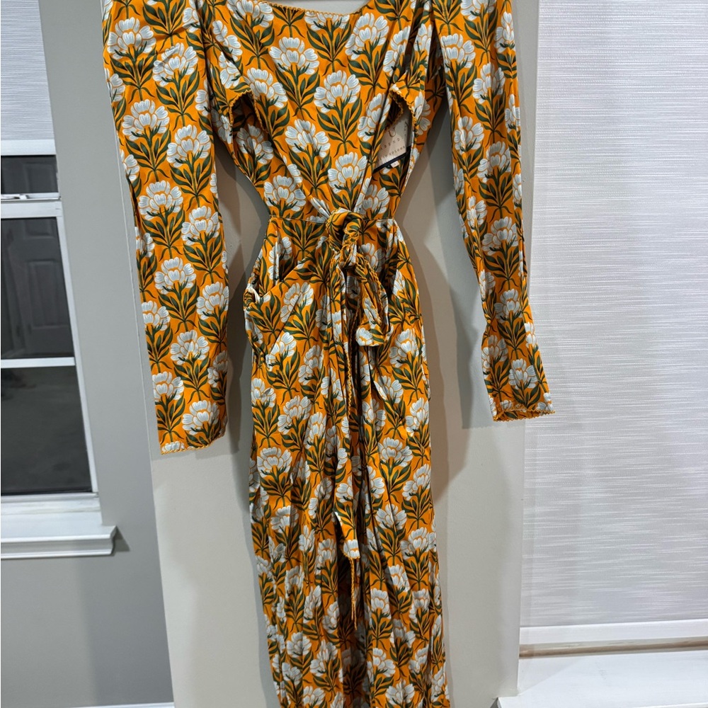 Agua Bendita Marigold and White Floral Long Sleeve Dress